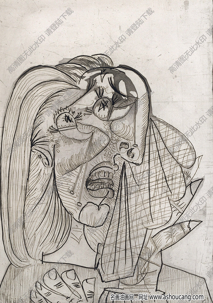 毕加索 名画《哭泣的女人 素描稿》高清大图93下载