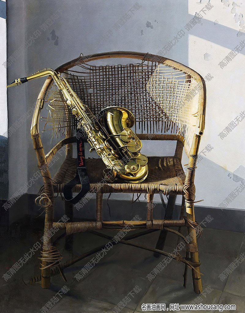 王力油画作品 藤椅上的乐器 高清下载
